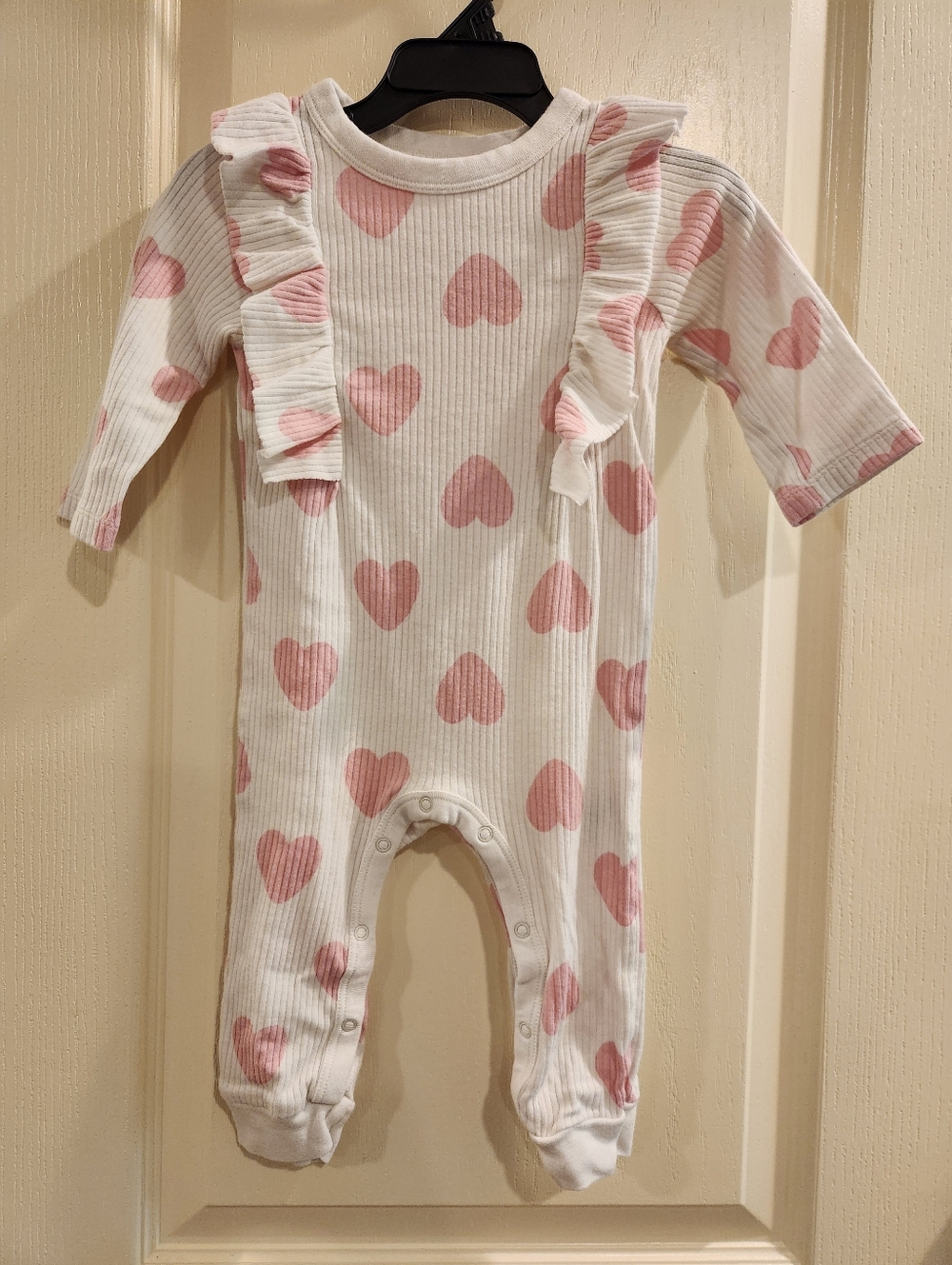 Cat & Jack White Ribbed One-Piece with Pink Hearts and Ruffles, Size 6-9M